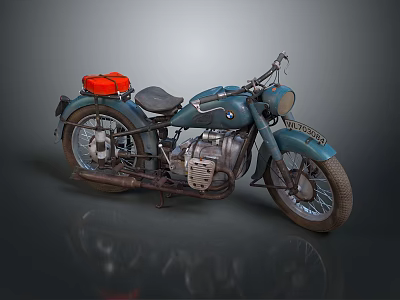 Vintage Blue Motorcycle With Red Storage Box Classic Engine And Leather Seat Design 3d model