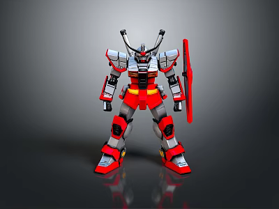 Robot Mecha Character With Red White Gray Armor Shield Antenna Standing Pose 3d model