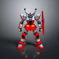 Robot Mecha Character With Red White Gray Armor Shield Antenna Standing Pose