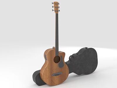 Acoustic Musical Instruments and Art Supplies Display With Wooden Guitar Black Case and Paint Brushes 3d model