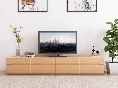 Modern Wooden TV Stand With TV Vase Books Deer Figurines And Wall Art 3d model
