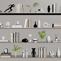 Elegant Decorative Ornament Set With Books Vases Sculptures And Green Plants On Shelves