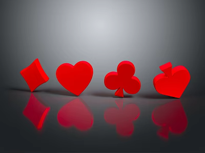 Red Playing Card Suits Diamond Heart Club Spade With Reflection On Dark Background 3d model