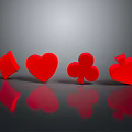 Red Playing Card Suits Diamond Heart Club Spade With Reflection On Dark Background
