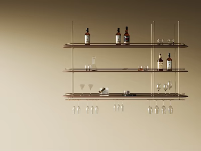 Contemporary Wall Mounted Wine Rack With Metal Frame Wooden Shelves Decorative Bottles And Hanging Glasses 3d model