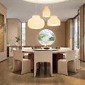 Modern Dining Box Interior With Round Table White Chairs Pendant Lights Circular Window And Mountain View 3d model