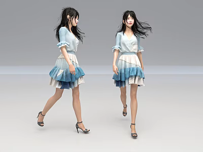 Two Women In Blue And White Gradient Dresses With Long Black Hair Walking In Heels 3d model