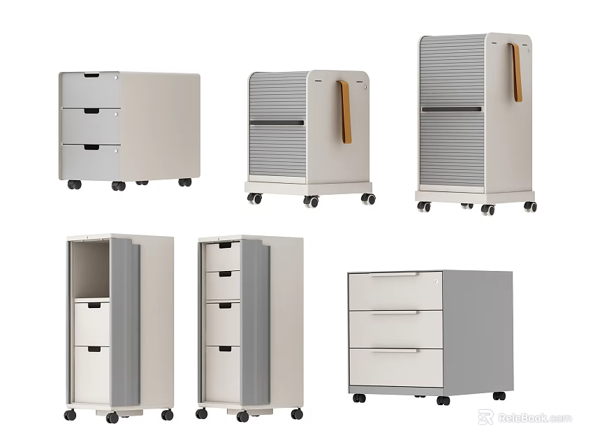 Multiple Style Bookcase Units With Wheels Drawers And Open Storage Compartments 3d model