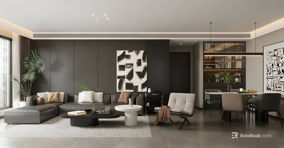 Modern Living Dining Room Interior Design With Sofa Coffee Table And Wall Art 3d model