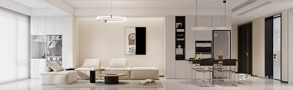 Elegant Modern Living Dining Room Interior With Neutral Sofa Coffee Table And Wall Artwork 3d model