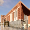 Residential Courtyard With Red Brick Buildings Tall Structure Green Lawn And Bronze Sculptures