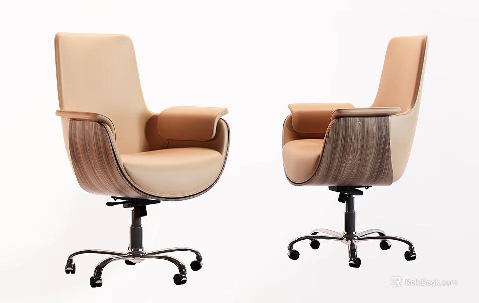 Modern Beige Leather Office Chair With Wooden Armrests And Wheeled Base 3d model 