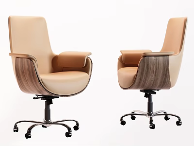 Modern Beige Leather Office Chair With Wooden Armrests And Wheeled Base 3d model
