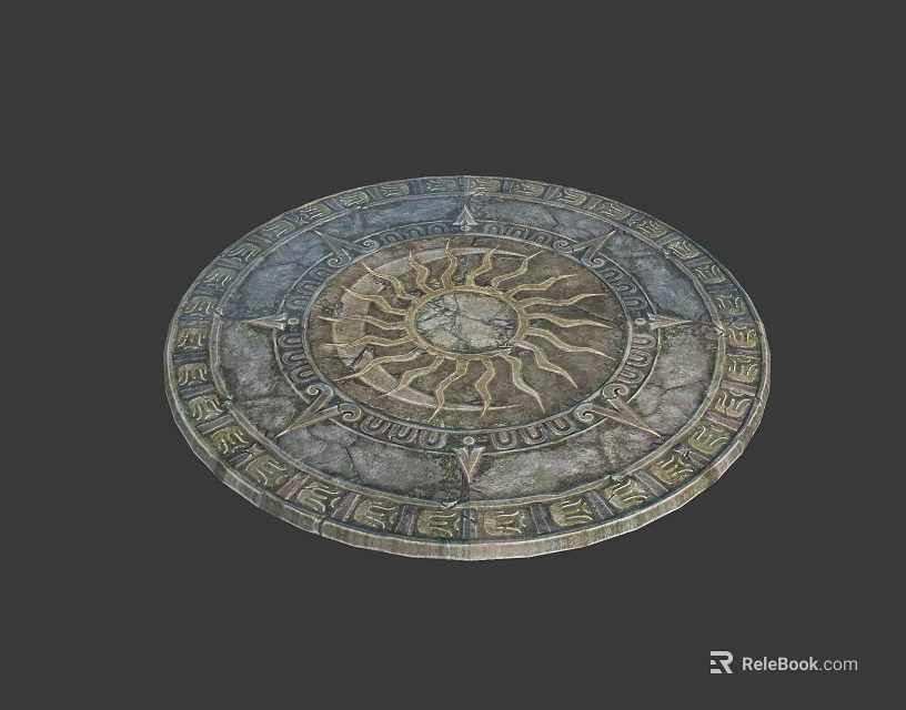 Antique Circular Floor Tile With Intricate Sun Pattern And Carved Details 3d model 