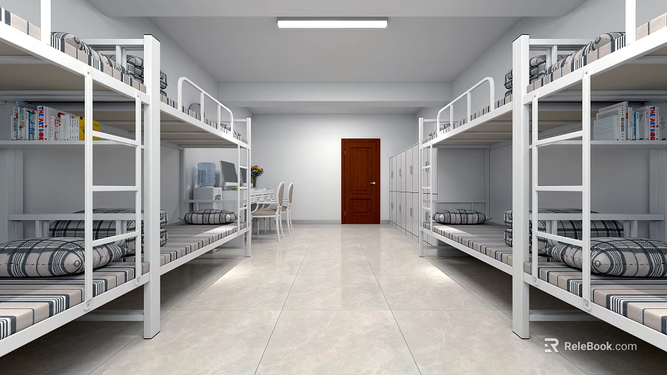 Modern Dormitory Room With Bunk Beds Storage Lockers And Study Desk 3d model