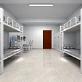 Modern Dormitory Room With Bunk Beds Storage Lockers And Study Desk 3d model