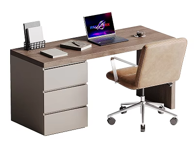 Modern Wooden Office Desk With Drawers Laptop Notebook Mouse File Holder And Beige Chair 3d model