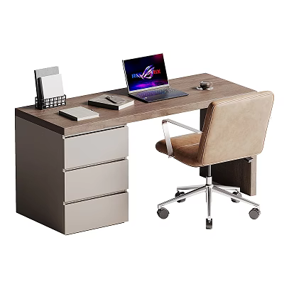 Modern Wooden Office Desk With Drawers Laptop Notebook Mouse File Holder And Beige Chair 3d model