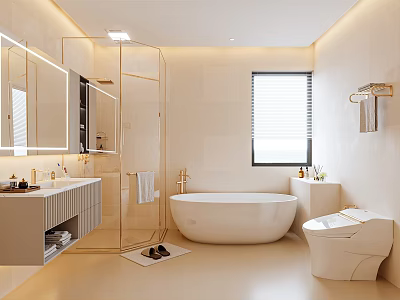 Sleek Modern Bathroom Interior With White Bathtub Glass Shower Double Vanity Large Mirror And Window 3d model