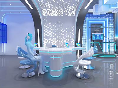 Futuristic Interior Design With Round Table Blue Lighting And Tech Inspired Chairs 3d model