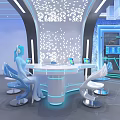 Futuristic Interior Design With Round Table Blue Lighting And Tech Inspired Chairs 3d model