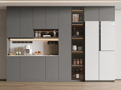 Modern Kitchen With Gray Cabinets And Wine Cabinet Storage For Wine Bottles 3d model