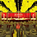 Elegant Banquet Hall Interior With Yellow Pendant Lights Red Decorations And Dining Tables