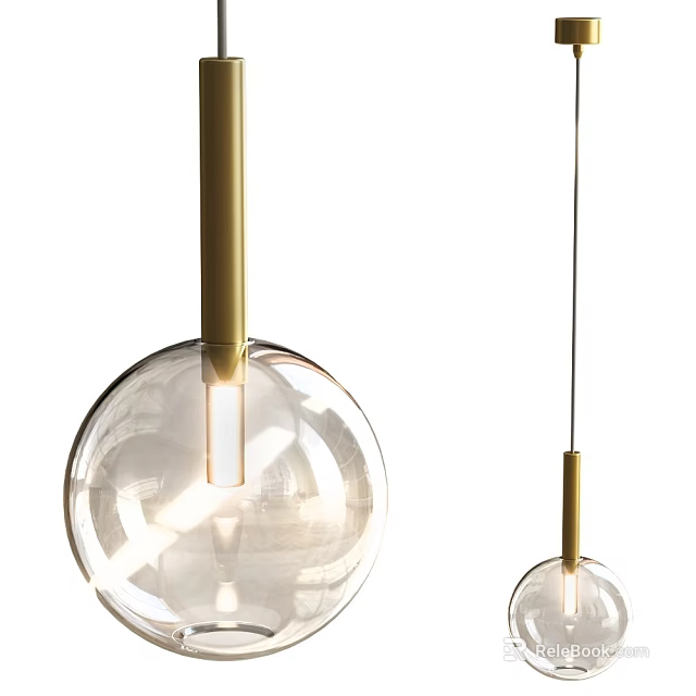 Two Modern Gold Pendant Lights With Transparent Glass Globe And Hanging Metal Rod Design 3d model 