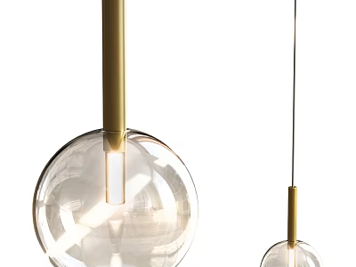 Two Modern Gold Pendant Lights With Transparent Glass Globe And Hanging Metal Rod Design 3d model