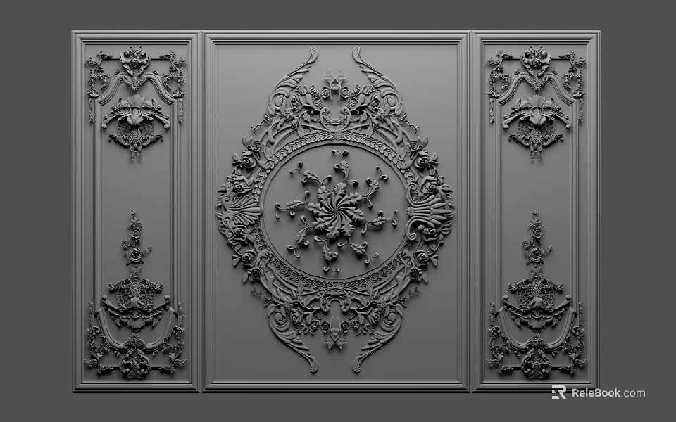 Classical Style Gray Wall With Central Large Intricate Relief Ornament And Symmetrical Side Decorative Patterns 3d model 