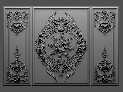 Classical Style Gray Wall With Central Large Intricate Relief Ornament And Symmetrical Side Decorative Patterns 3d model