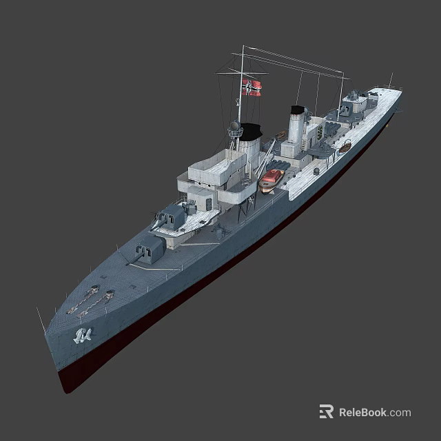 Classic Vintage Warship Featuring Two Funnels Gray Hull Number 44 And Flag 3d model 