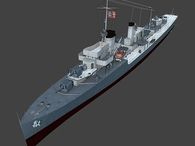 Classic Vintage Warship Featuring Two Funnels Gray Hull Number 44 And Flag 3d model