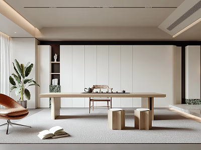 Minimalist Modern Tea Room Interior With Long Wooden Table Tea Sets And Green Plants 3d model