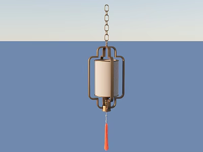 Traditional Chinese Style Lantern Shaped Pendant Light with Metal Frame White Lampshade and Red Tassel 3d model