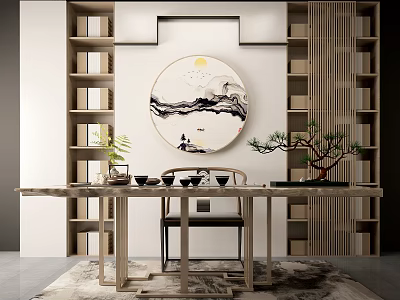 New Chinese Style Desk Chair Painting and Calligraphy Room Book Table Combination 3d model