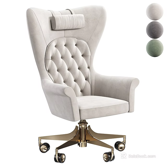 High Back Tufted Beige Upholstered Office Chair With Gold Swivel Base Wheels 3d model 