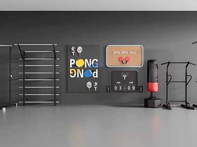 Comprehensive Sports Equipment Collection With Table Tennis Paddles Ring Ball Punching Bag And Storage Racks 3d model
