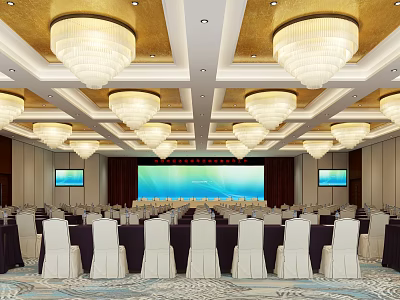 Conference Room Interior Design With Chandeliers Gold White Ceiling Large Screen And Arranged Tables 3d model