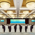 Conference Room Interior Design With Chandeliers Gold White Ceiling Large Screen And Arranged Tables