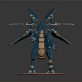 3D Model Mechanical Creature With Blue Armor And Winged Structure On Circular Base