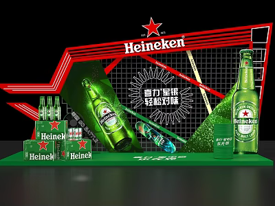 Heineken Beer Display With Green Bottles Glasses And Promotional Setup 3d model