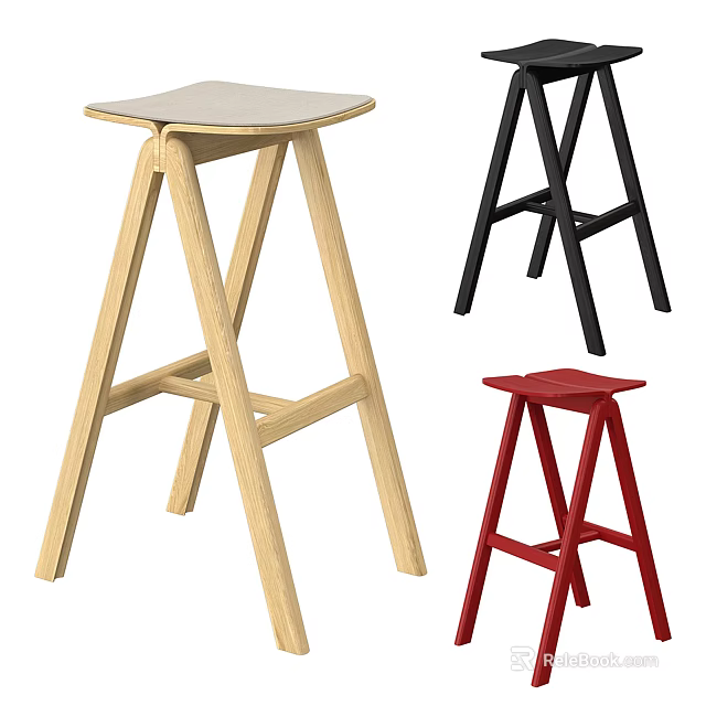 Modern Minimalist High Stools With Light Wooden Black Red Colors And Crossed Legs Design 3d model 