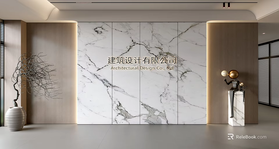 Sleek Modern Marble Feature Wall With Panel Design And Soft Ambient Lighting 3d model 