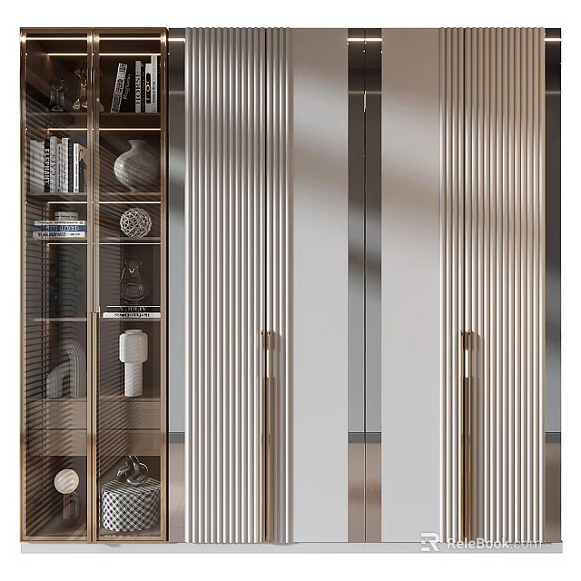 Elegant Modern Wardrobe With Vertical Striped Doors And Metal Handles 3d model 