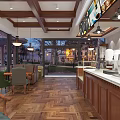 Indoor Café Space With Hanging Lights Tables Chairs Overlooking Historic Commercial Street Square At Evening