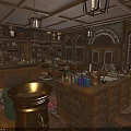 Vintage Bookstore Interior With Wooden Shelves Counters Chandeliers And Staircase Rug