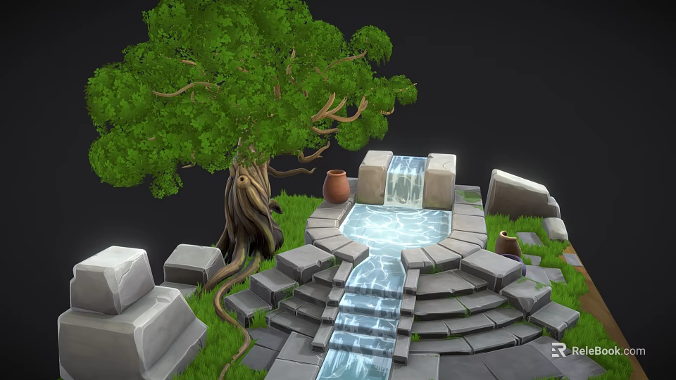 Cartoon Scene Featuring Large Tree Waterfall Stone Steps Clay Pots And Pool 3d model
