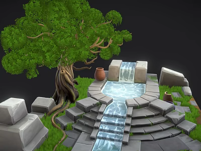Cartoon Scene Featuring Large Tree Waterfall Stone Steps Clay Pots And Pool 3d model