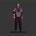Man in light blue purple hoodie with pink sleeves dark pants standing on dark base